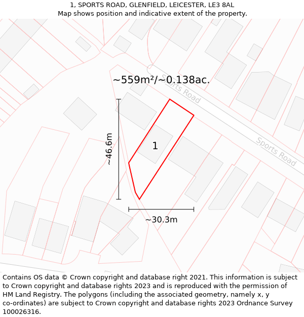 1, SPORTS ROAD, GLENFIELD, LEICESTER, LE3 8AL: Plot and title map
