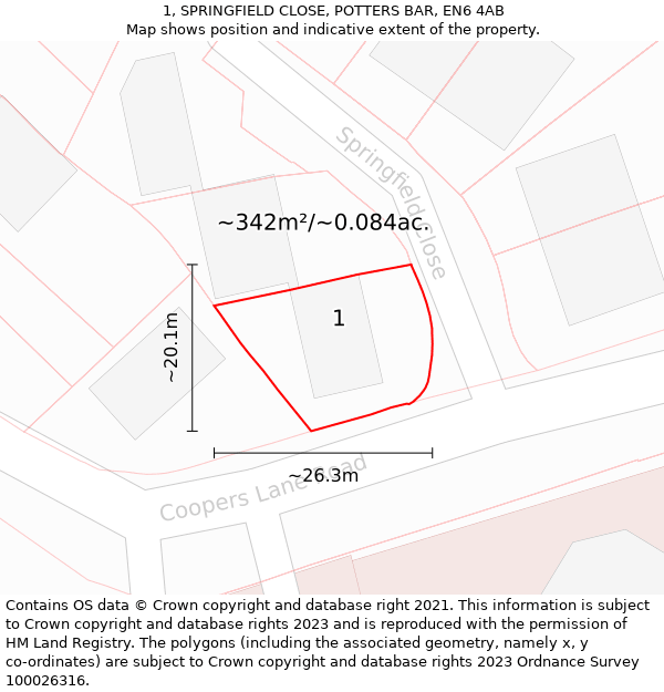 1, SPRINGFIELD CLOSE, POTTERS BAR, EN6 4AB: Plot and title map