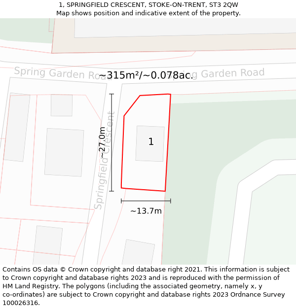 1, SPRINGFIELD CRESCENT, STOKE-ON-TRENT, ST3 2QW: Plot and title map