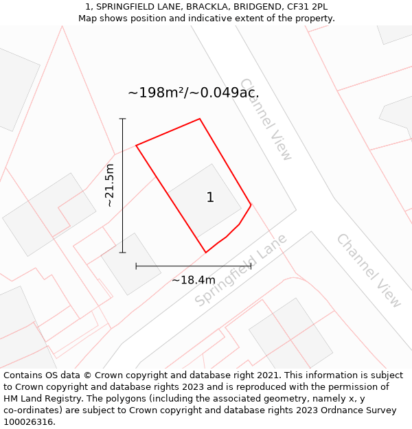 1, SPRINGFIELD LANE, BRACKLA, BRIDGEND, CF31 2PL: Plot and title map