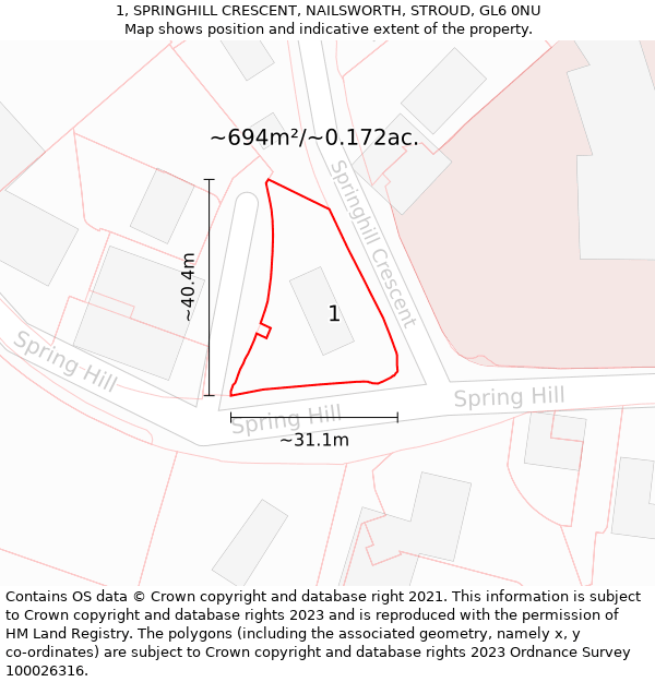 1, SPRINGHILL CRESCENT, NAILSWORTH, STROUD, GL6 0NU: Plot and title map