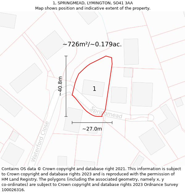 1, SPRINGMEAD, LYMINGTON, SO41 3AA: Plot and title map