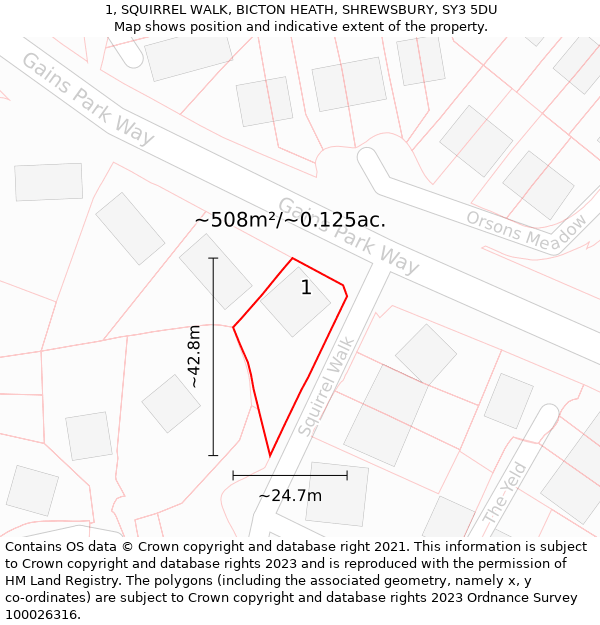 1, SQUIRREL WALK, BICTON HEATH, SHREWSBURY, SY3 5DU: Plot and title map