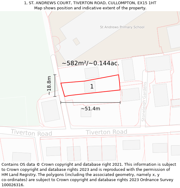 1, ST. ANDREWS COURT, TIVERTON ROAD, CULLOMPTON, EX15 1HT: Plot and title map