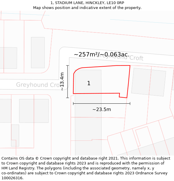 1, STADIUM LANE, HINCKLEY, LE10 0RP: Plot and title map