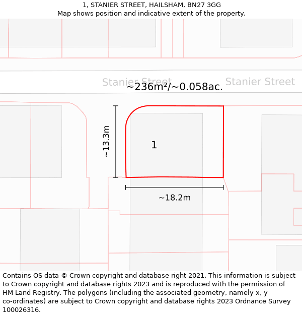 1, STANIER STREET, HAILSHAM, BN27 3GG: Plot and title map