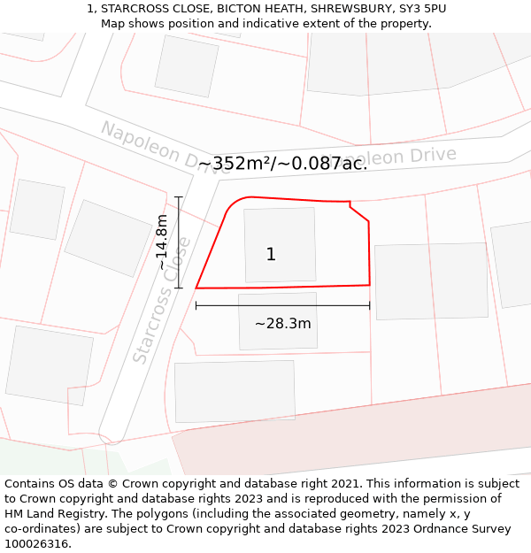 1, STARCROSS CLOSE, BICTON HEATH, SHREWSBURY, SY3 5PU: Plot and title map