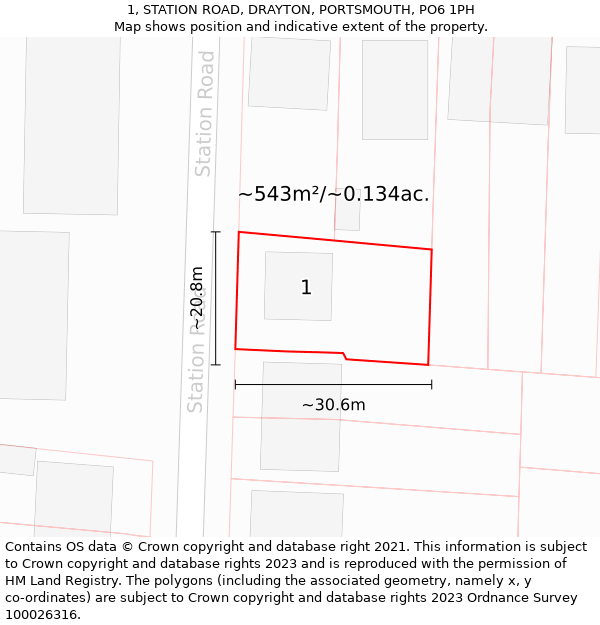 1, STATION ROAD, DRAYTON, PORTSMOUTH, PO6 1PH: Plot and title map