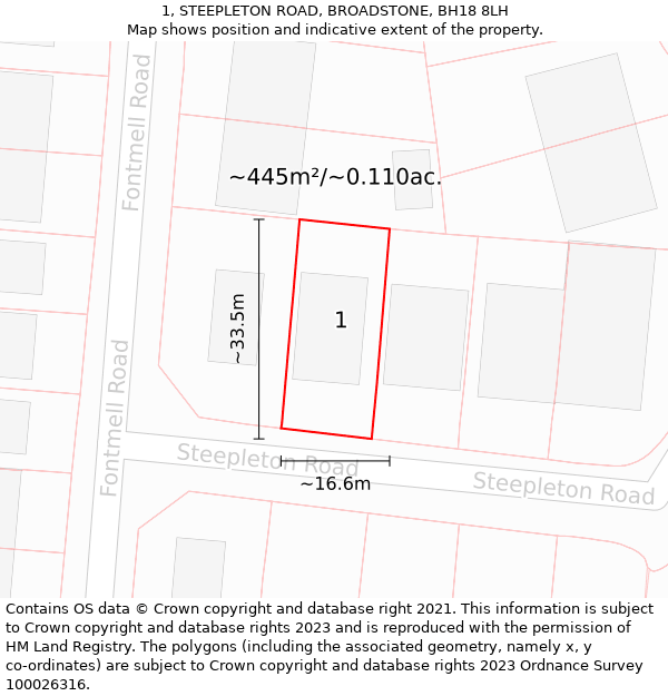 1, STEEPLETON ROAD, BROADSTONE, BH18 8LH: Plot and title map