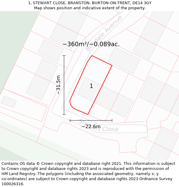 1, STEWART CLOSE, BRANSTON, BURTON-ON-TRENT, DE14 3GY: Plot and title map