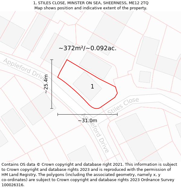 1, STILES CLOSE, MINSTER ON SEA, SHEERNESS, ME12 2TQ: Plot and title map