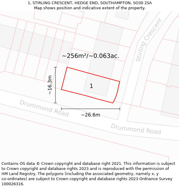 1, STIRLING CRESCENT, HEDGE END, SOUTHAMPTON, SO30 2SA: Plot and title map