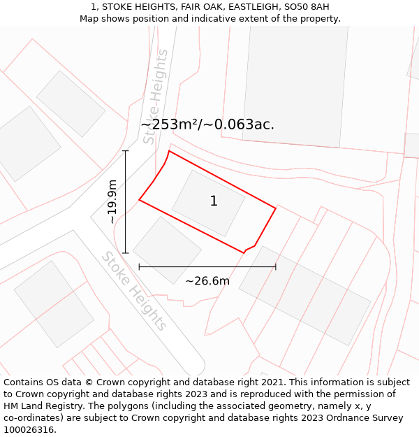 1, STOKE HEIGHTS, FAIR OAK, EASTLEIGH, SO50 8AH: Plot and title map