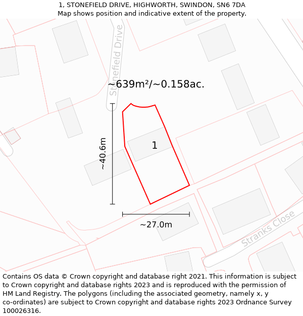 1, STONEFIELD DRIVE, HIGHWORTH, SWINDON, SN6 7DA: Plot and title map