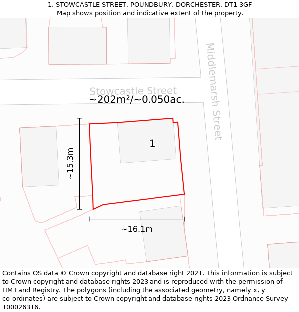1, STOWCASTLE STREET, POUNDBURY, DORCHESTER, DT1 3GF: Plot and title map