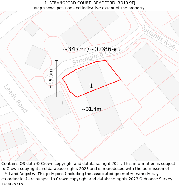 1, STRANGFORD COURT, BRADFORD, BD10 9TJ: Plot and title map