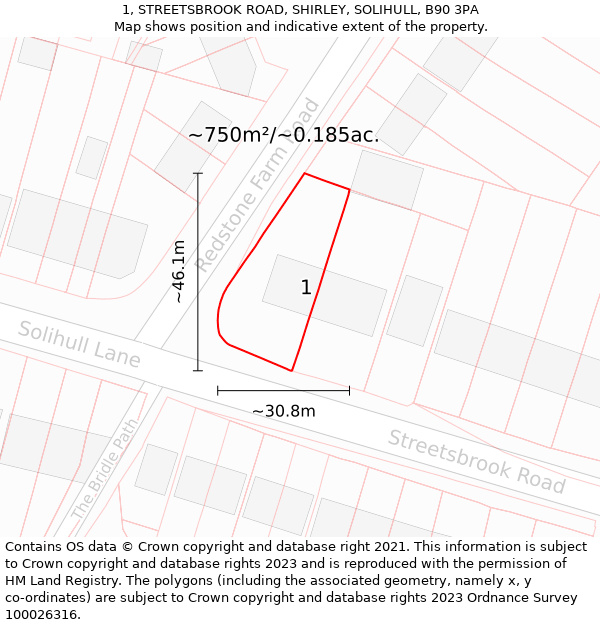 1, STREETSBROOK ROAD, SHIRLEY, SOLIHULL, B90 3PA: Plot and title map