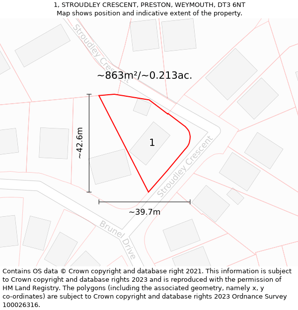 1, STROUDLEY CRESCENT, PRESTON, WEYMOUTH, DT3 6NT: Plot and title map