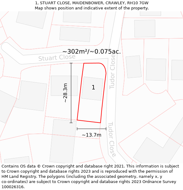 1, STUART CLOSE, MAIDENBOWER, CRAWLEY, RH10 7GW: Plot and title map