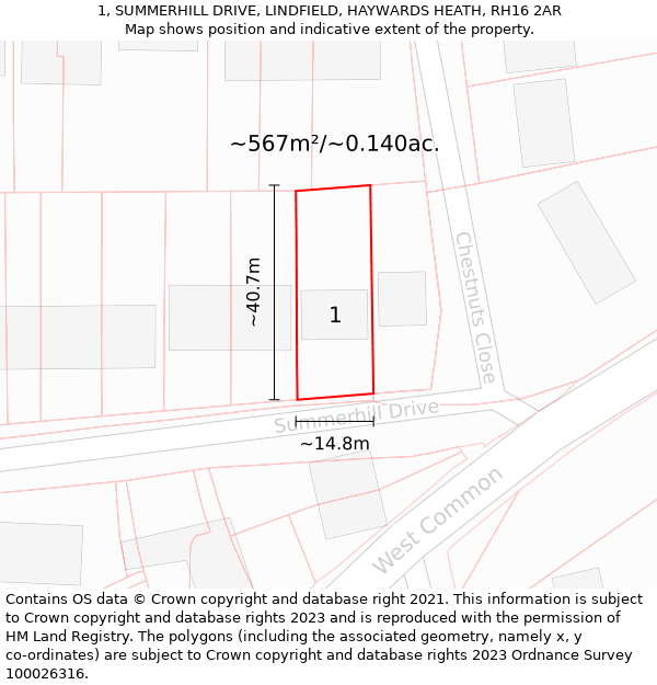 1, SUMMERHILL DRIVE, LINDFIELD, HAYWARDS HEATH, RH16 2AR: Plot and title map