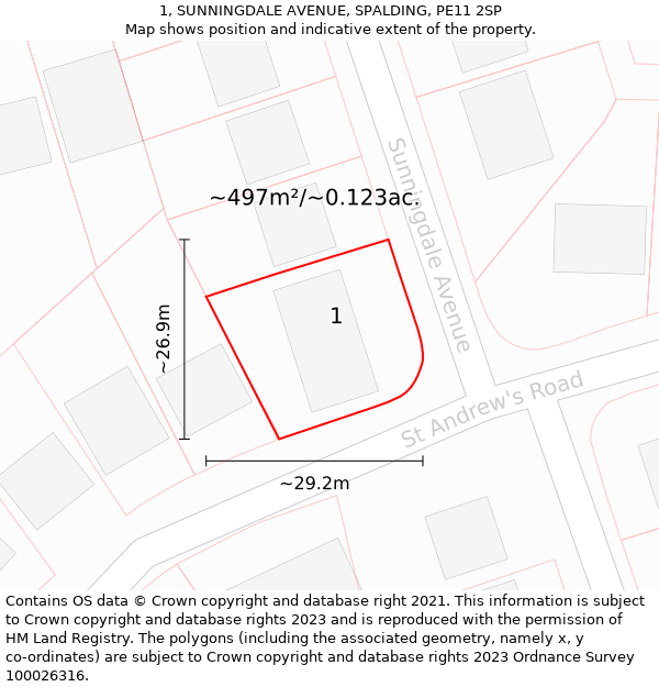 1, SUNNINGDALE AVENUE, SPALDING, PE11 2SP: Plot and title map