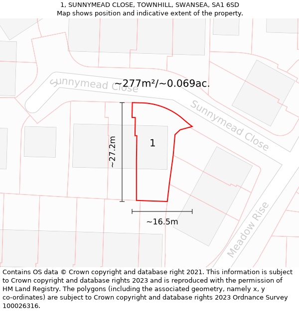 1, SUNNYMEAD CLOSE, TOWNHILL, SWANSEA, SA1 6SD: Plot and title map