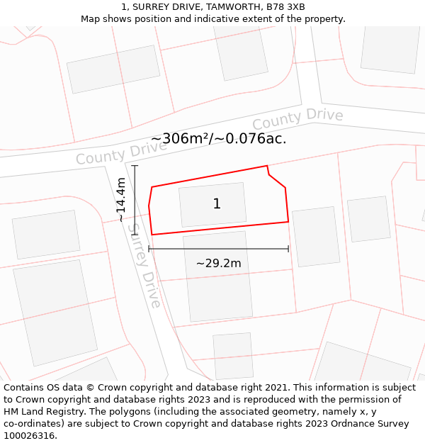 1, SURREY DRIVE, TAMWORTH, B78 3XB: Plot and title map