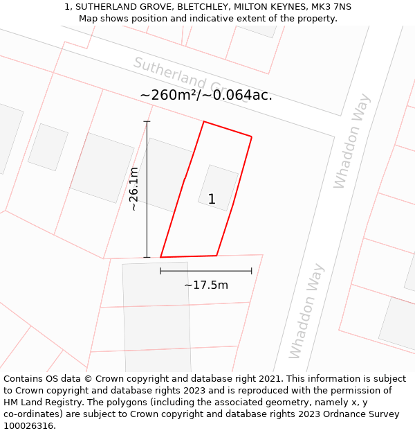 1, SUTHERLAND GROVE, BLETCHLEY, MILTON KEYNES, MK3 7NS: Plot and title map