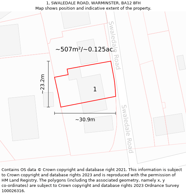 1, SWALEDALE ROAD, WARMINSTER, BA12 8FH: Plot and title map