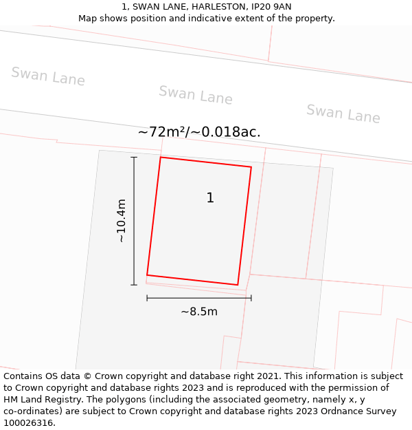 1, SWAN LANE, HARLESTON, IP20 9AN: Plot and title map