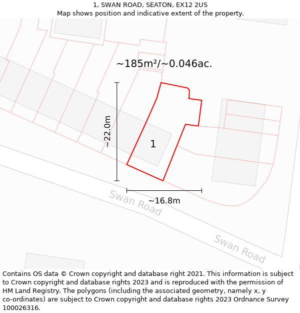 1, SWAN ROAD, SEATON, EX12 2US: Plot and title map