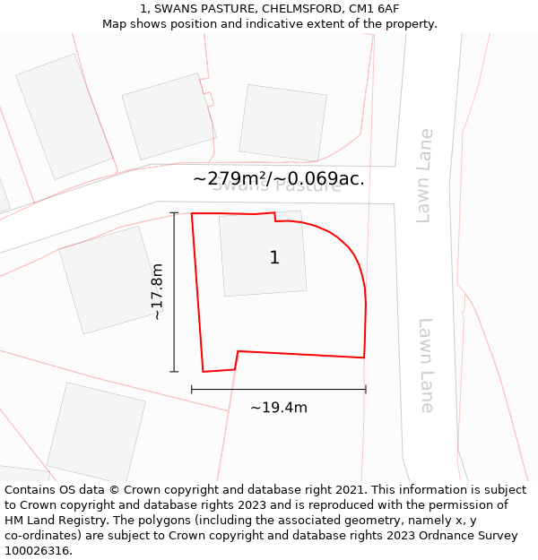 1, SWANS PASTURE, CHELMSFORD, CM1 6AF: Plot and title map