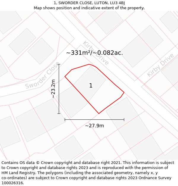 1, SWORDER CLOSE, LUTON, LU3 4BJ: Plot and title map