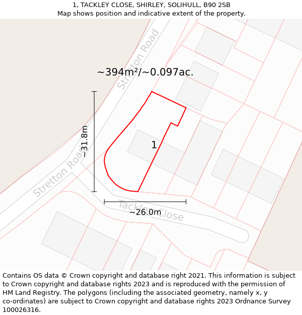 1, TACKLEY CLOSE, SHIRLEY, SOLIHULL, B90 2SB: Plot and title map