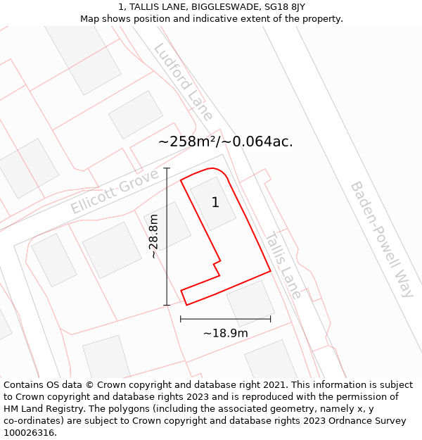 1, TALLIS LANE, BIGGLESWADE, SG18 8JY: Plot and title map