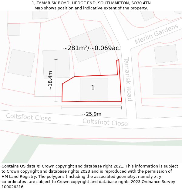 1, TAMARISK ROAD, HEDGE END, SOUTHAMPTON, SO30 4TN: Plot and title map