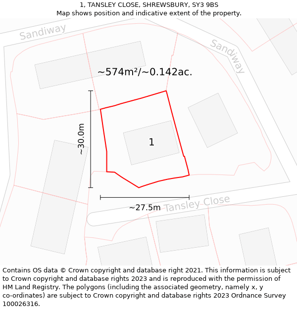 1, TANSLEY CLOSE, SHREWSBURY, SY3 9BS: Plot and title map