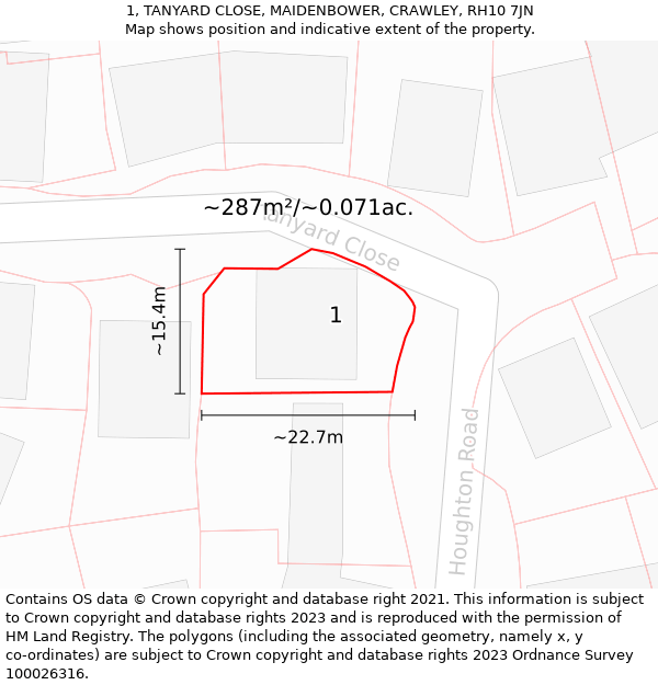 1, TANYARD CLOSE, MAIDENBOWER, CRAWLEY, RH10 7JN: Plot and title map