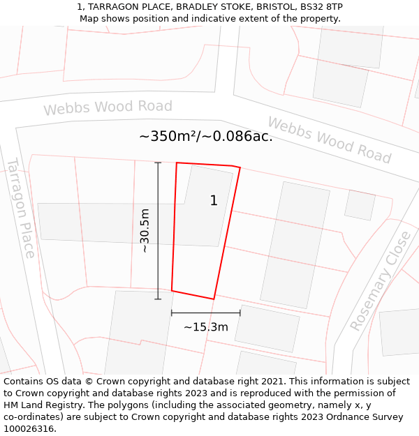 1, TARRAGON PLACE, BRADLEY STOKE, BRISTOL, BS32 8TP: Plot and title map