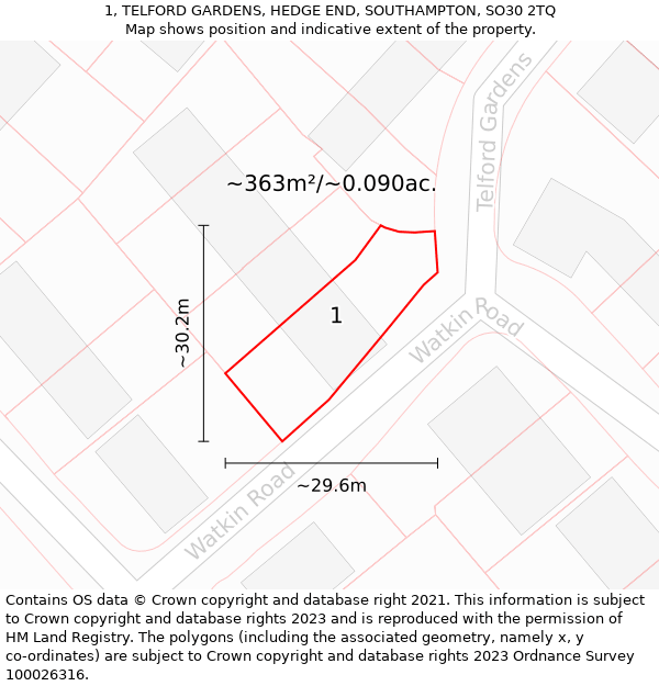 1, TELFORD GARDENS, HEDGE END, SOUTHAMPTON, SO30 2TQ: Plot and title map