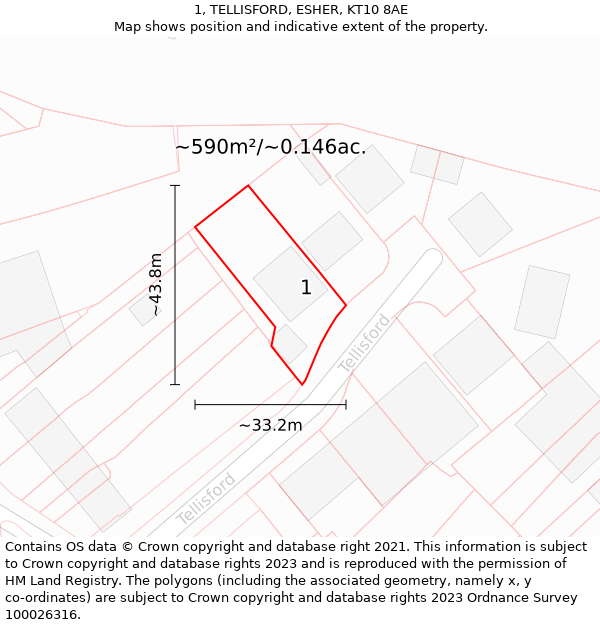 1, TELLISFORD, ESHER, KT10 8AE: Plot and title map