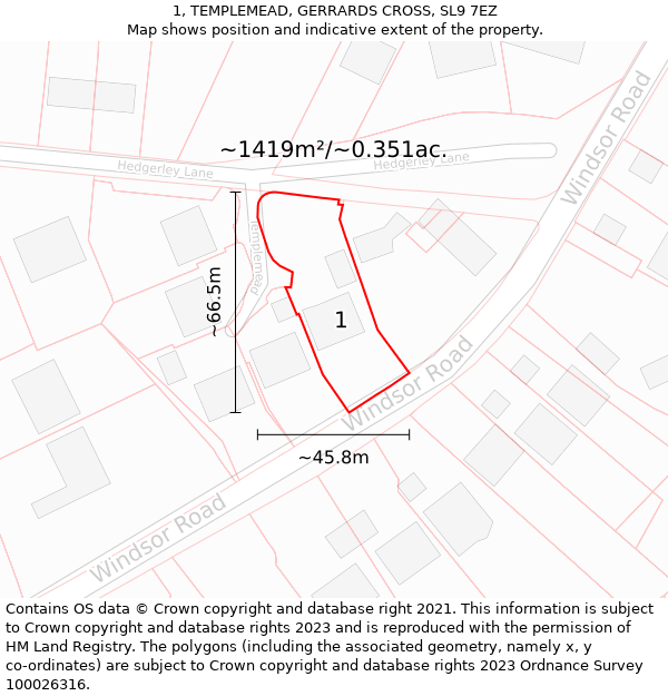 1, TEMPLEMEAD, GERRARDS CROSS, SL9 7EZ: Plot and title map