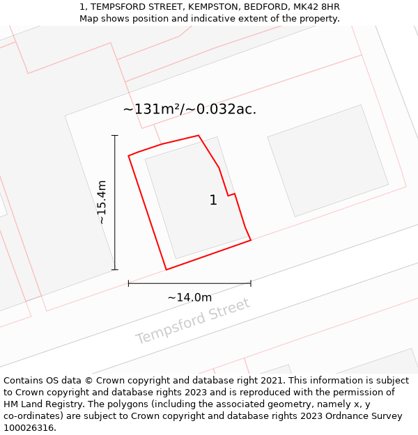 1, TEMPSFORD STREET, KEMPSTON, BEDFORD, MK42 8HR: Plot and title map