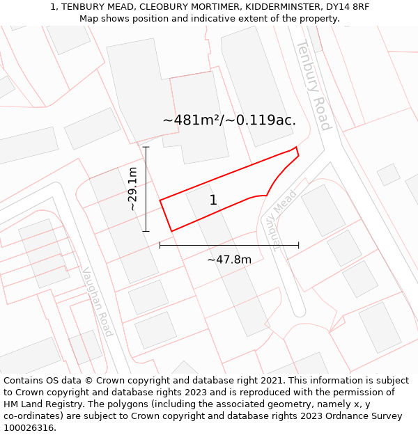 1, TENBURY MEAD, CLEOBURY MORTIMER, KIDDERMINSTER, DY14 8RF: Plot and title map