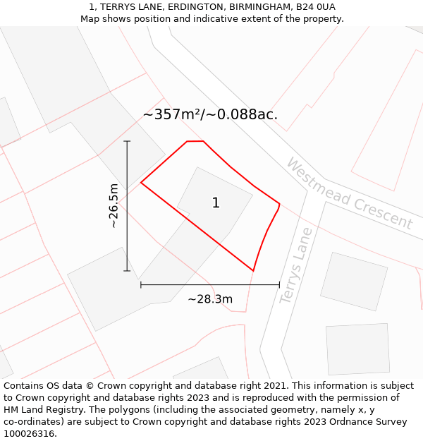 1, TERRYS LANE, ERDINGTON, BIRMINGHAM, B24 0UA: Plot and title map