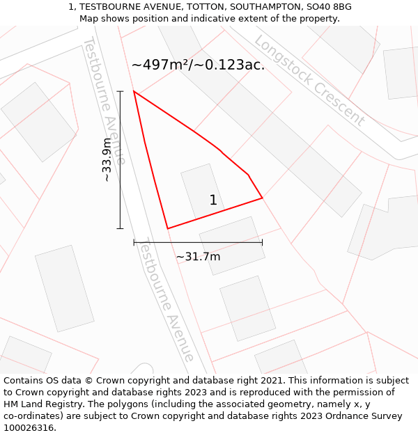 1, TESTBOURNE AVENUE, TOTTON, SOUTHAMPTON, SO40 8BG: Plot and title map