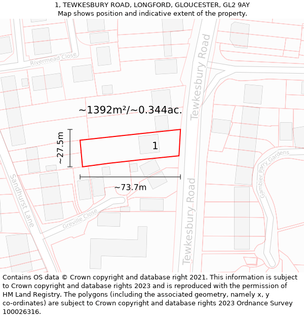 1, TEWKESBURY ROAD, LONGFORD, GLOUCESTER, GL2 9AY: Plot and title map