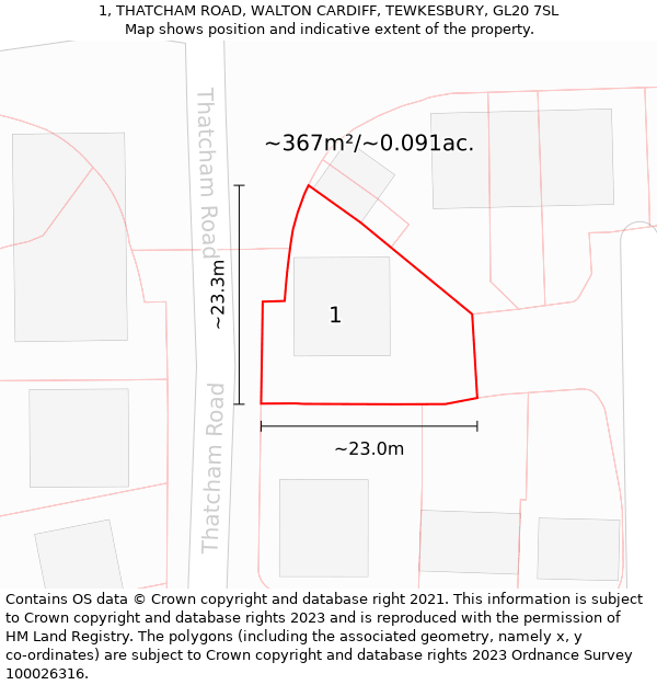 1, THATCHAM ROAD, WALTON CARDIFF, TEWKESBURY, GL20 7SL: Plot and title map