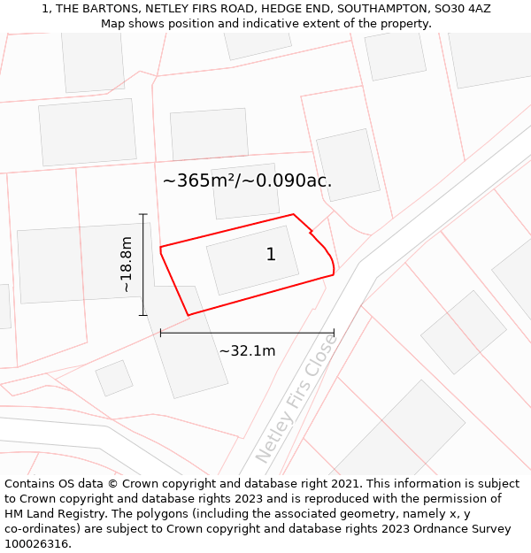 1, THE BARTONS, NETLEY FIRS ROAD, HEDGE END, SOUTHAMPTON, SO30 4AZ: Plot and title map