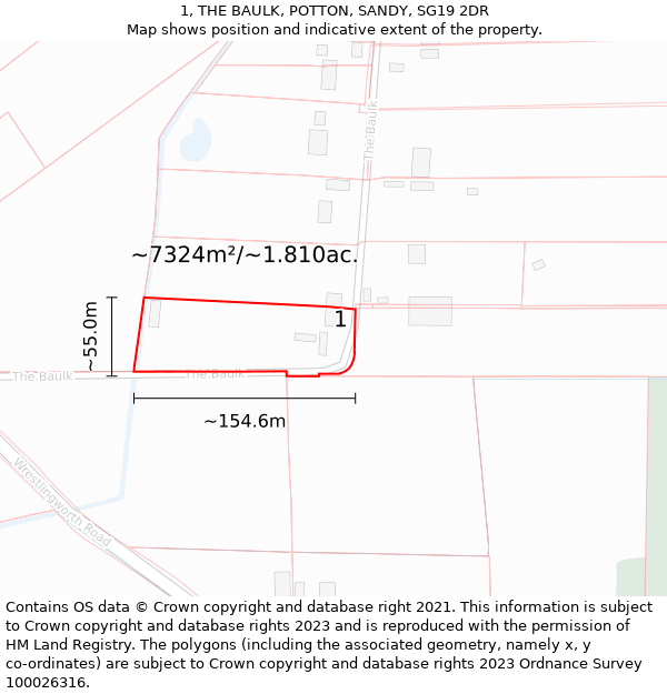 1, THE BAULK, POTTON, SANDY, SG19 2DR: Plot and title map